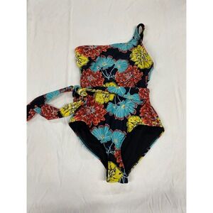 Jones New York Womens One Shoulder Floral One Piece Swimsuit Black Red Small